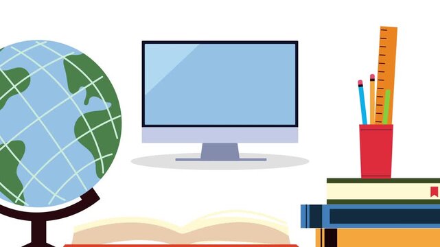 Animated school supplies montage with globe computer and books on white background motion.