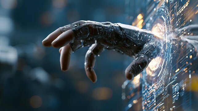 A robotic hand reaching out through a shattered glass window with a blurred cityscape in the background