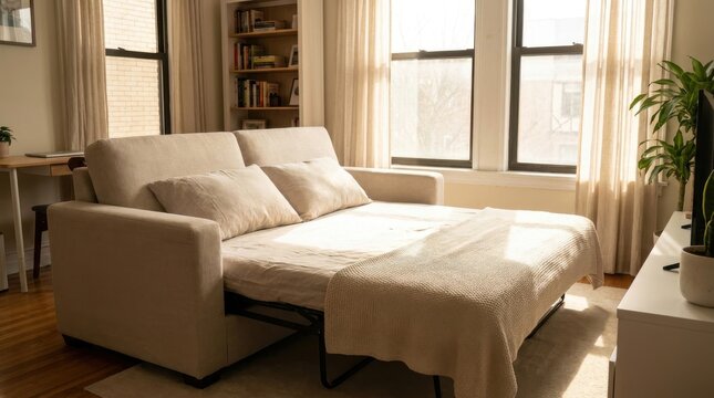 Beige Linen Sofa Bed Partially Unfolded in a Well-Lit Room with Bookshelf and Window