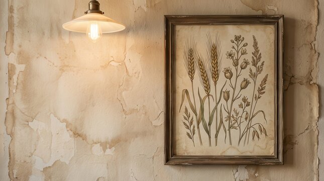 Framed Vintage Botanical Illustration of Wheat and Wildflowers on Textured Wall