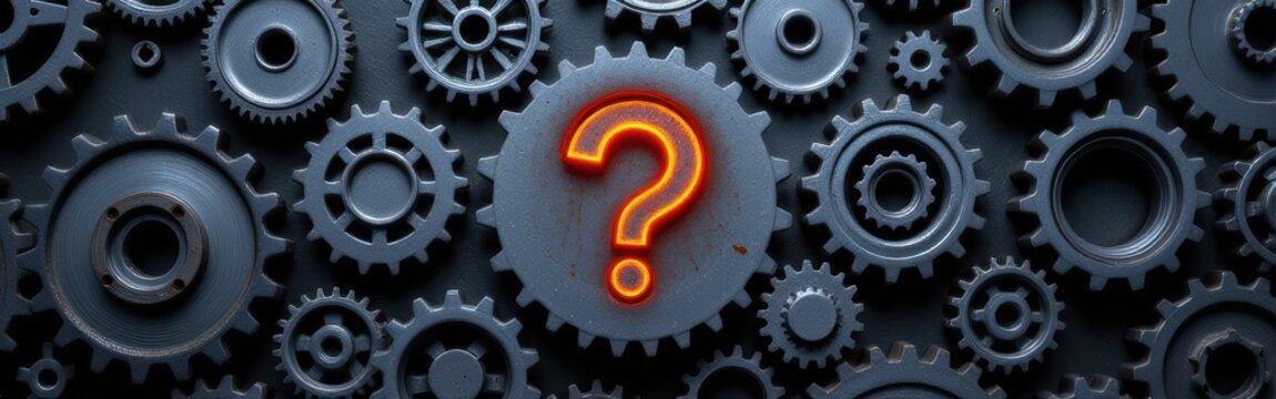 Metal gears interlocked with a glowing red question mark gear in the center.