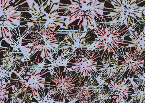 Textural backdrop created by cat heads and floral elements. Dark ptintable background for wallpapers, business concepts, covers, greeting cards, interiors, tiles, posters, fashion trends, etc. Vector