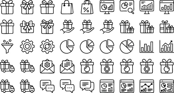 E-commerce marketing and analytics line icon set with gift box chart delivery truck shopping bag
