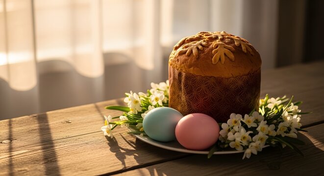 Easter cake with daffodils and colored eggs on a wooden table with morning sunlight