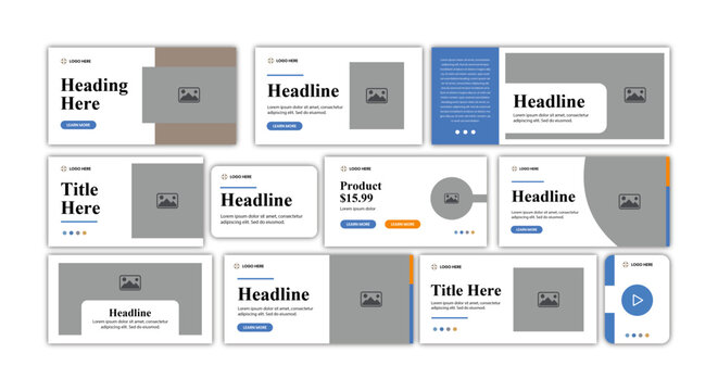 A collection of modern presentation templates with various layouts and designs on a clean white background