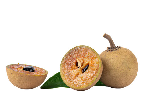 Sapodilla Fruit: Whole and Halved with Leaf