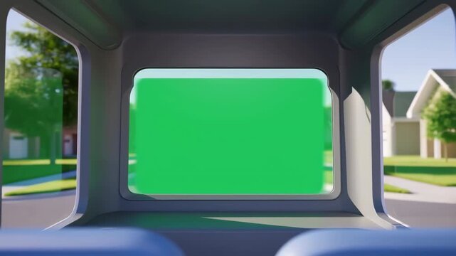 Futuristic autonomous delivery robot with a green screen driving through a suburban neighborhood