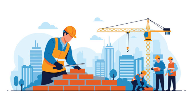 Busy construction site with workers in safety gear building a brick wall against a modern city skyline with a tall yellow crane.