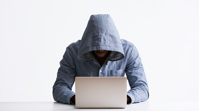 A hooded person sitting at a table and using a laptop computer in a white room