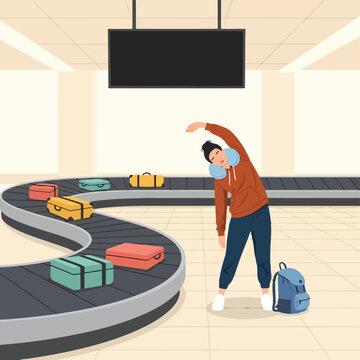 Vector illustration of a traveler at airport baggage claim with luggage.