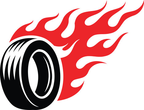 Tire with red flames coming out of it for racing or burning rubber concept  fast speed