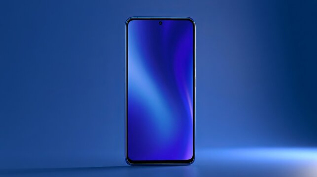 A sleek smartphone standing upright on a blue surface with a blue background