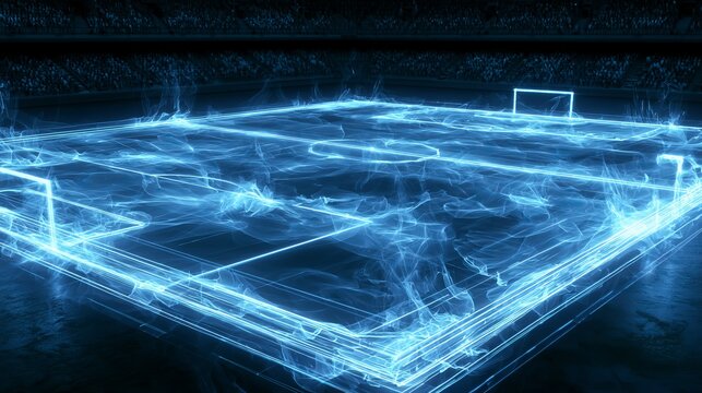A futuristic digital soccer field with glowing blue lines and a dark background