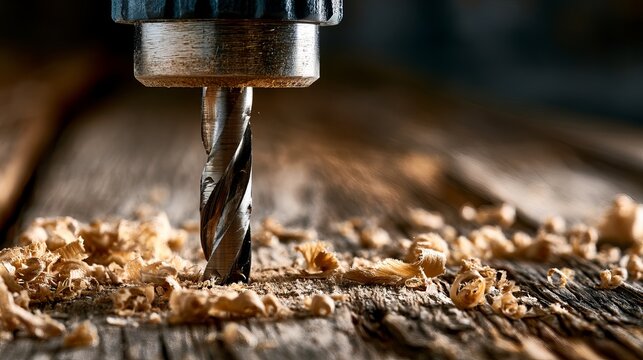 A drill bit is drilling into a piece of wood, creating wood shavings and dust.
