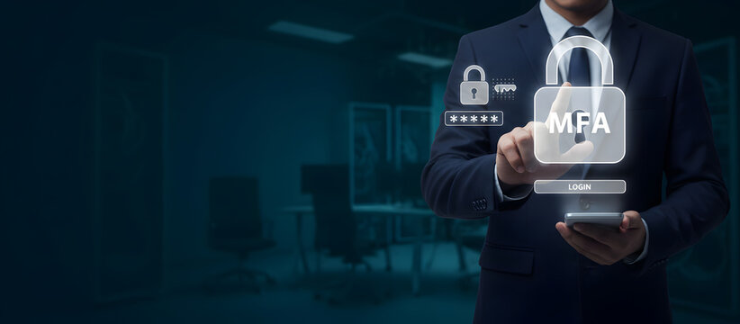 Multi factor authentication MFA login hologram used by businessman for secure digital access control