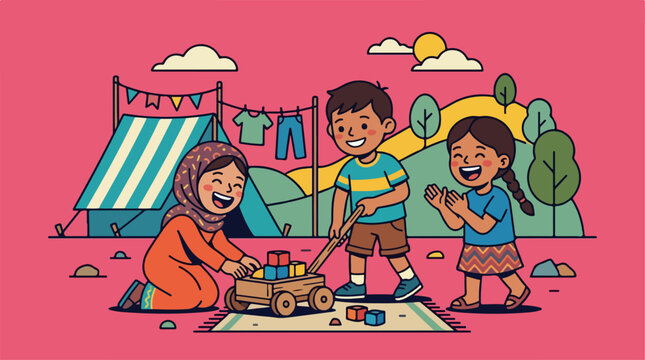 Happy children playing with toys outdoors in a summer camp.