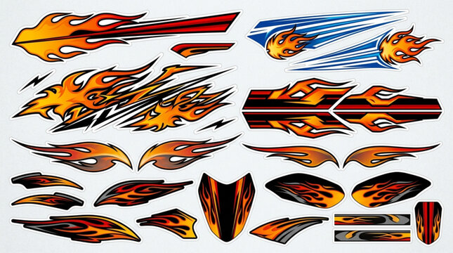 Collection of flame graphic decals for vehicles.