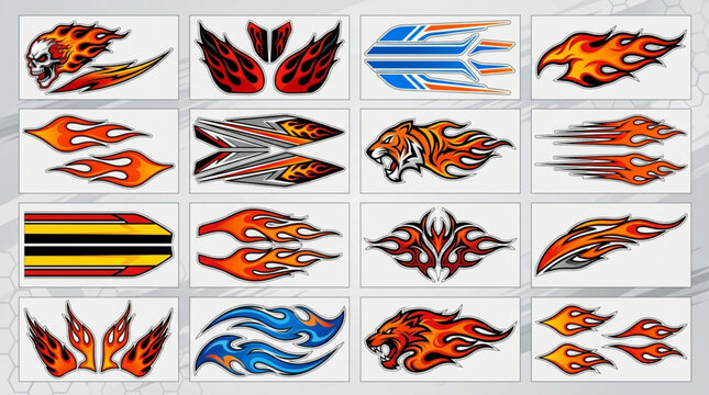 Collection of Flame and Tiger Car Decal Designs.