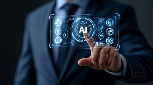 Businessman interacting with AI technology interface