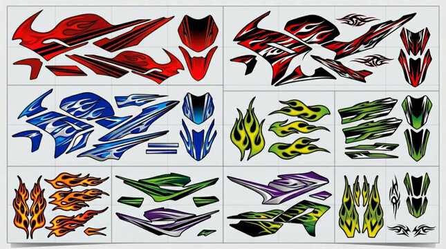 Collection of motorcycle decals and graphics for customization.