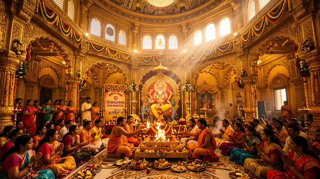 Devotees gather for a sacred Hindu religious ceremony with a fire ritual.