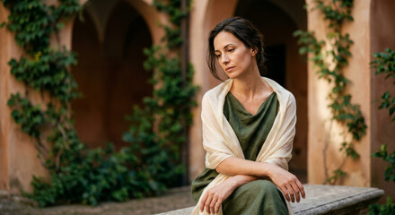 Naklejka premium Woman sits quietly, draped in soft, earthy tones