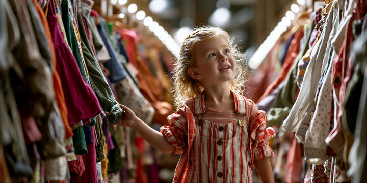 Young stylist perusing diverse vintage clothing under warm lighting with joyful expression