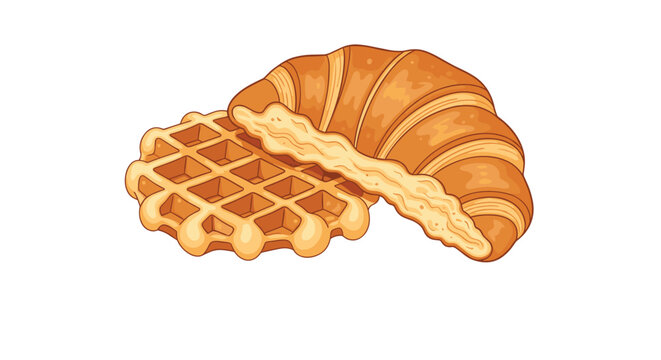 Close-up illustration of a golden brown waffle and a buttery croissant both showing their detailed textures and interior dough structure.