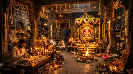 Fototapeta premium Devotees performing rituals in a brightly lit Hindu temple.