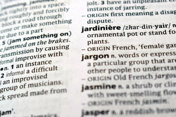 Fototapeta premium English Dictionary Page Close Up With The Word Transcription Of -jardiniere