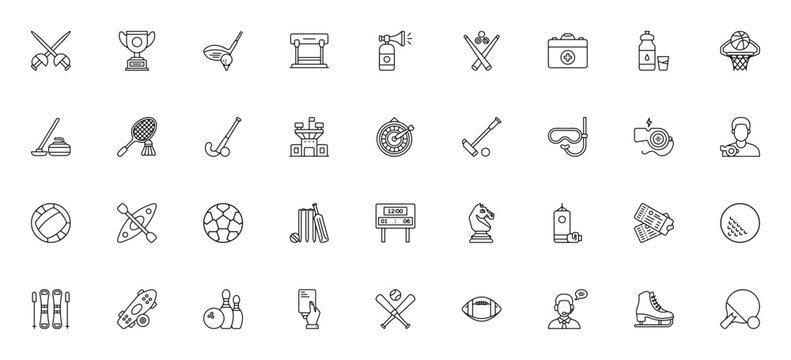 Sports icon set. Minimal thin line web icons set. Vector illustration. Featuring fencing, trophy, golf, hurdle, basketball, football, baseball, hockey, badminton, volleyball, cricket, and more.