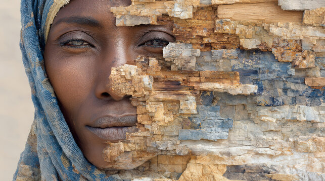 A surreal and artistic double-exposure portrait where the left side of a woman&rsquo;s face, wearing a blue headscarf, seamlessly blends into a textured, crumbling stone wall on the right.