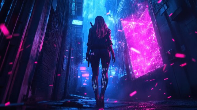 Woman walking through neon lit alley at night futuristic city