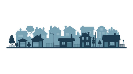 Suburban Street Silhouette, Small City Houses Seamless Housing Vector Illustration © MstRazina