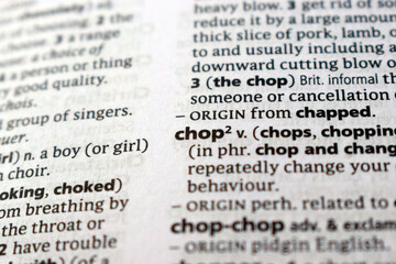 Fototapeta premium English Dictionary Page Close Up With The Word Definition Of - chop