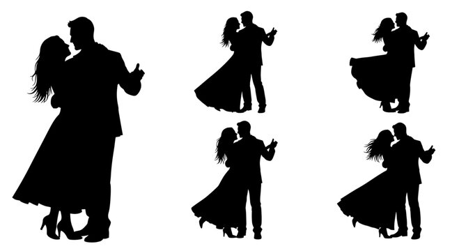 Romantic dancing couple silhouettes in various elegant poses
