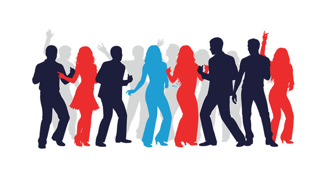 Happy crowd silhouettes dancing at a party or celebration