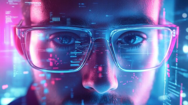 Person with digital code projected on glasses