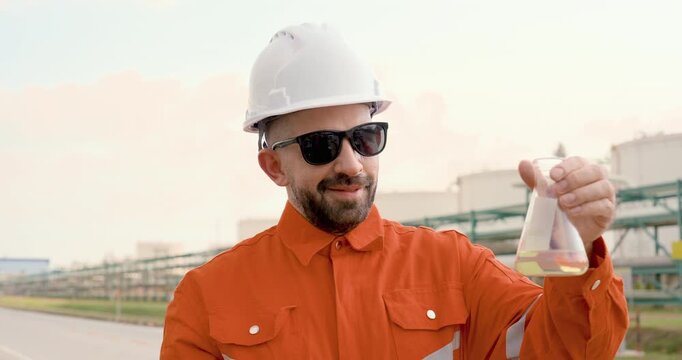 Adult male refinery technician lifts liquid sample flask in slow motion near pipeline corridor, checking oil quality, safety compliance, petrochemical inspection during field patrol beside tank