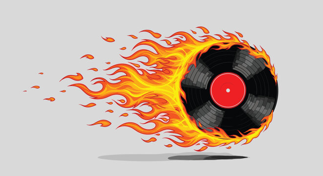 Dynamic pixel art illustration of a classic black vinyl record disc engulfed in orange and yellow flames while moving fast.