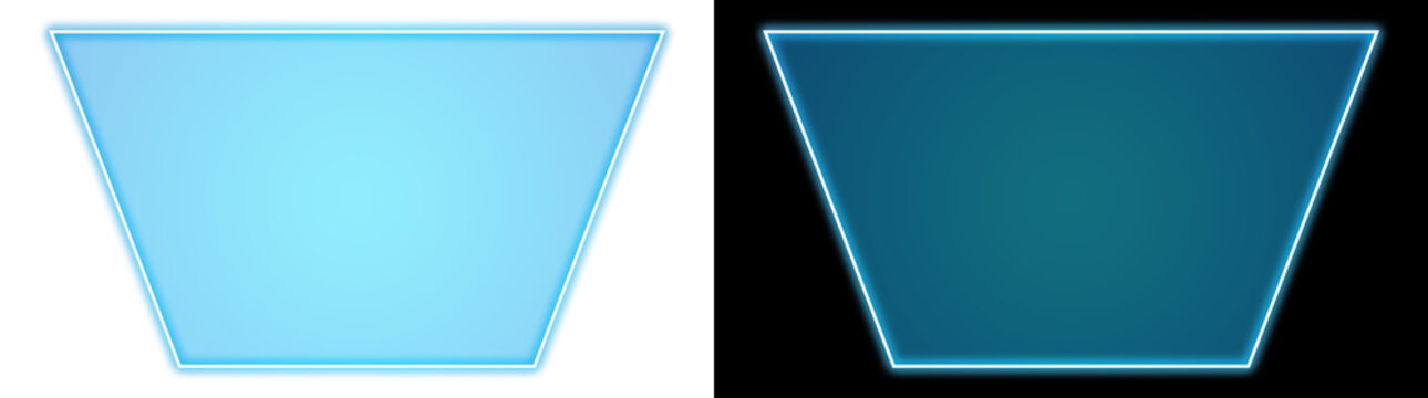 Glowing cyan neon glowing trapezoid frame banner on transparent and black background, isolated neon UI banner element for video overlay and broadcast graphic design