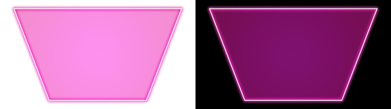 Glowing magenta neon glowing trapezoid frame banner on transparent and black background, isolated neon UI banner element for video overlay and broadcast graphic design