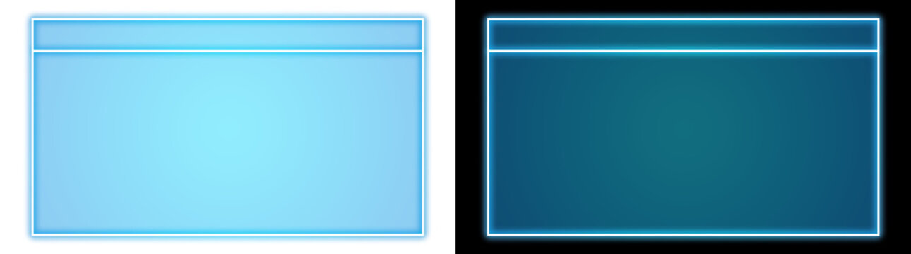 Glowing cyan neon glowing rectangular window frame with header bar on transparent and black background, isolated neon UI banner element for video overlay and broadcast graphic design