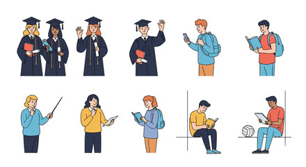 Fototapeta premium Diverse group of students is shown in various academic situations including graduation ceremonies and individual study sessions with books.