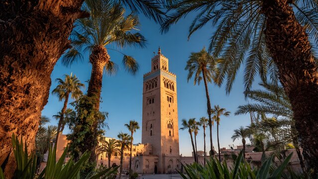 Iconic Koutoubia Mosque minaret framed by palm trees in Marrakesh at sunset