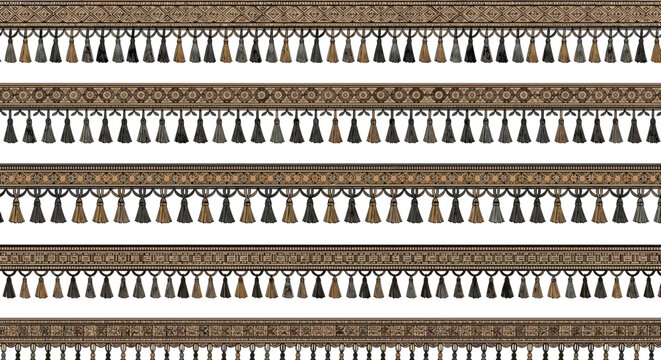 Traditional ethnic border pattern features rows of decorative tassels in neutral shades of brown and gray on a clean white background.