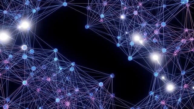 Abstract technology neural network background with glowing blue particles and dots connection for big data, AI, cloud computing, and digital transformation. 3D render for web banner, corporate tech, a