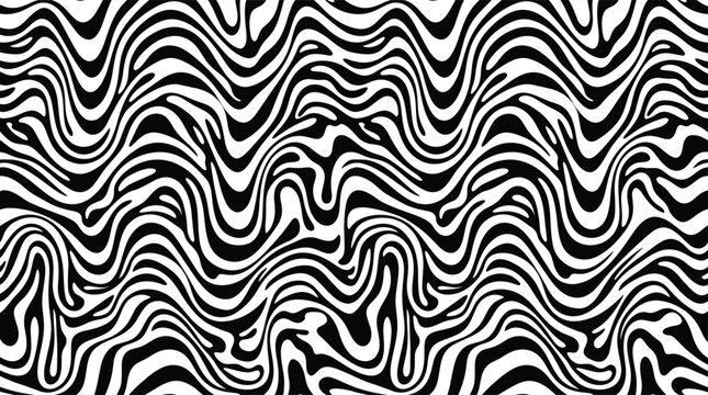 Seamless pattern of contrast black and white wavy lines creating a fluid zebra stripe effect