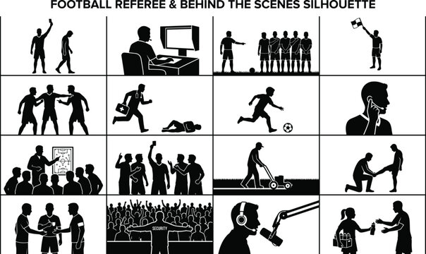 Set of black and white silhouettes showing football referee actions and behind the scenes match activities