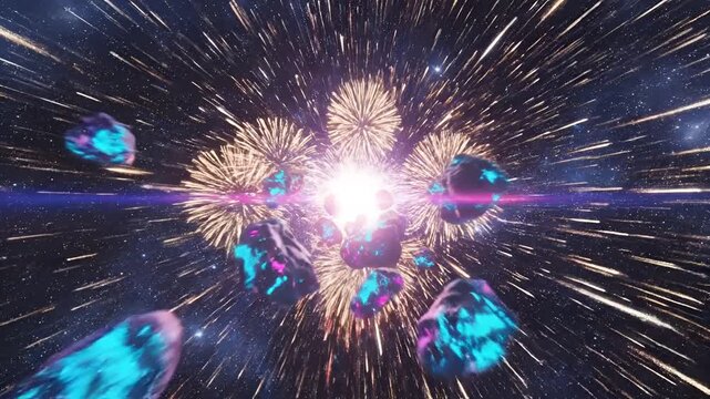 Cosmic Asteroid Field with Neon Glow and Starburst Effect.